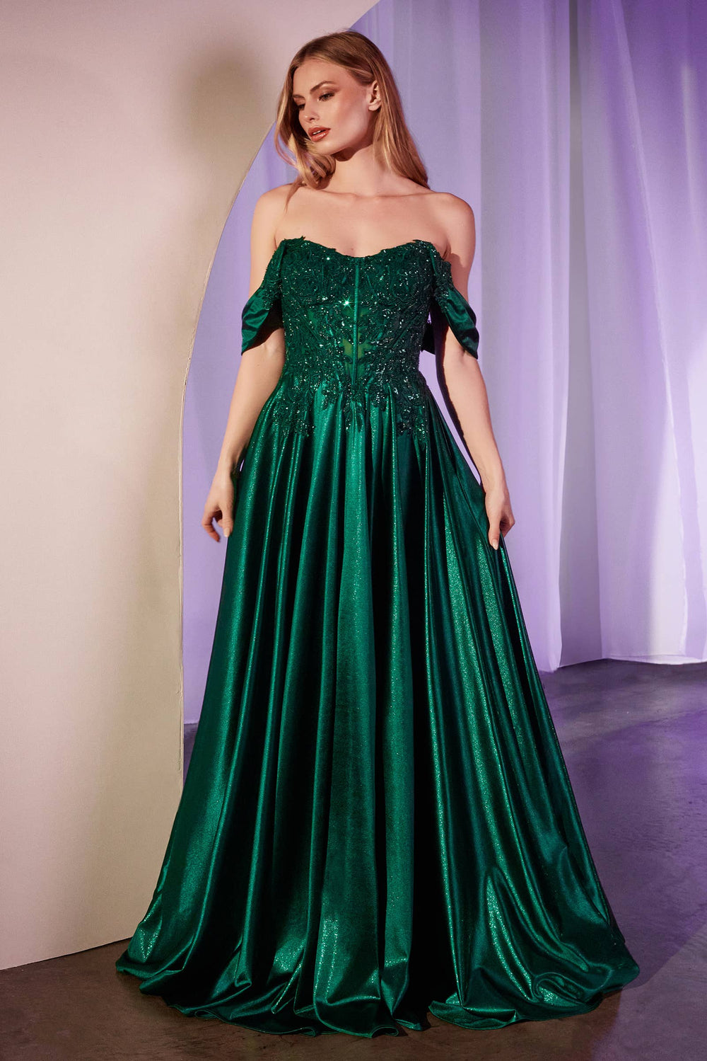 Schulterfreies Spitzen- und Satin-A-Linien-Kleid | Smaragd