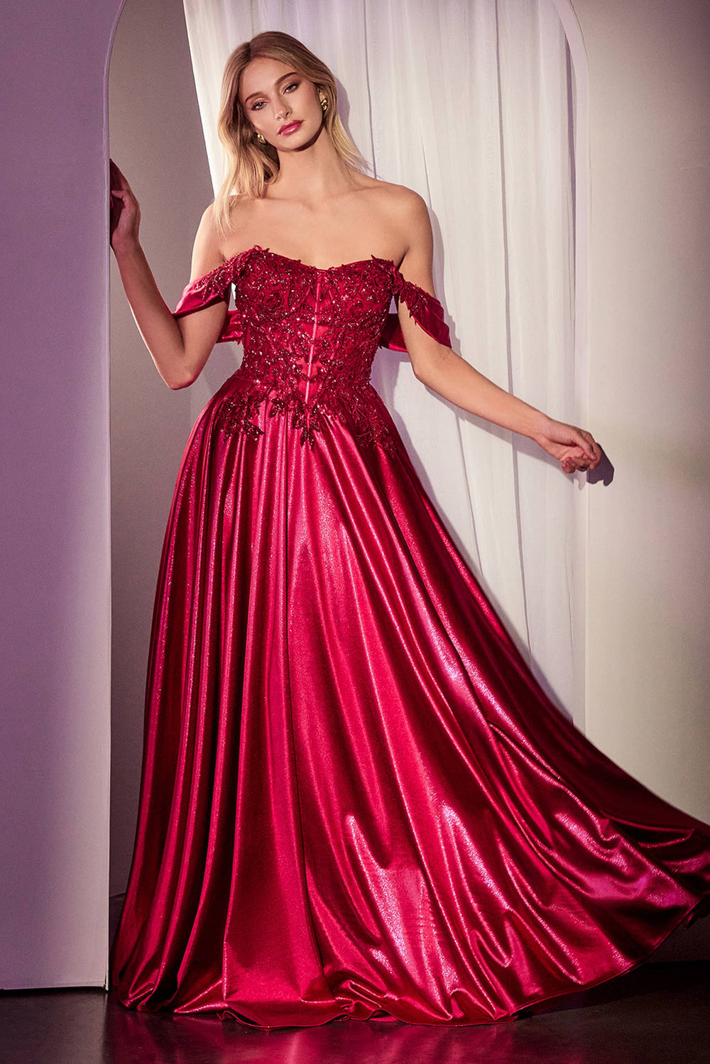 Schulterfreies Spitzen- und Satin-A-Linien-Kleid / Burgund