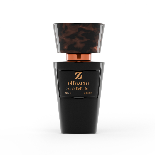 Luxuriöser schwarzer Parfumflakon von Olfazeta mit marmorierter Kappe und kupfernem Akzent – Extrait de Parfum 70 ml