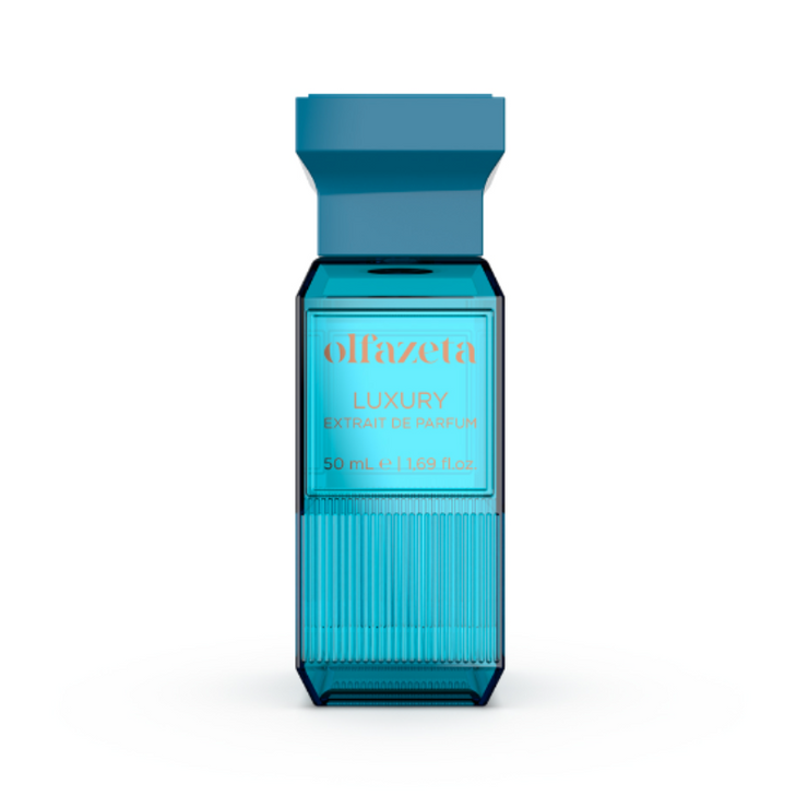 Türkisfarbener Parfumflakon von Olfazeta Luxury Extrait de Parfum, 50 ml, modern und hochwertig designt.