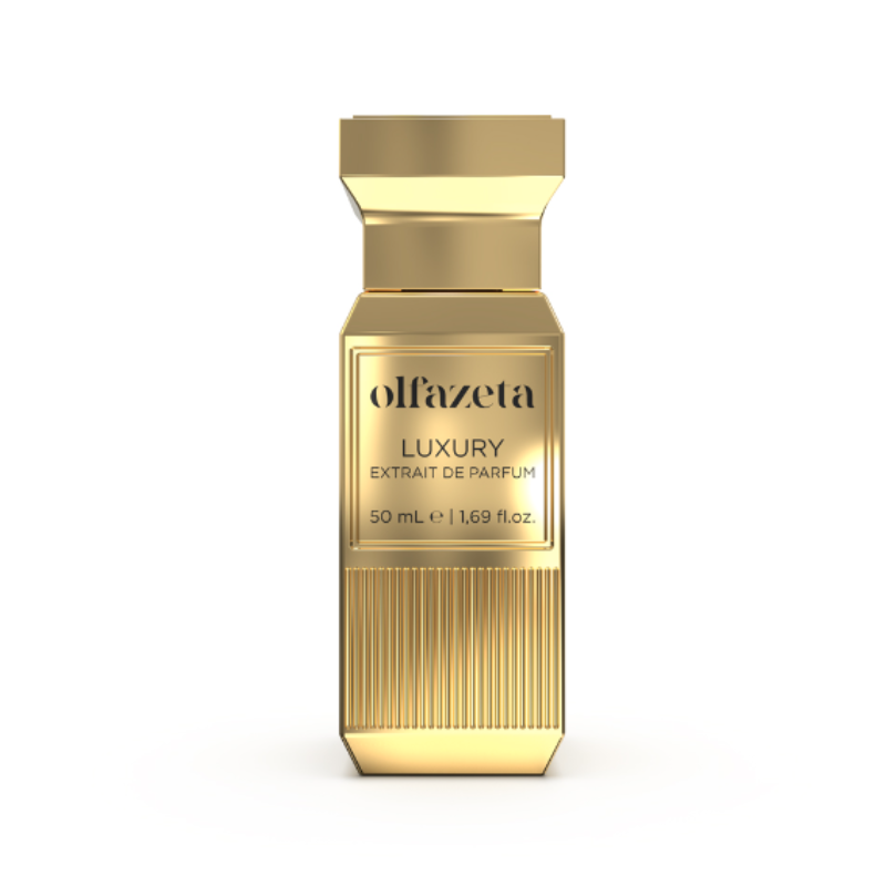 Goldener Parfumflakon von Olfazeta Luxury Line – Extrait de Parfum in 50 ml Größe, stehend vor weißem Hintergrund