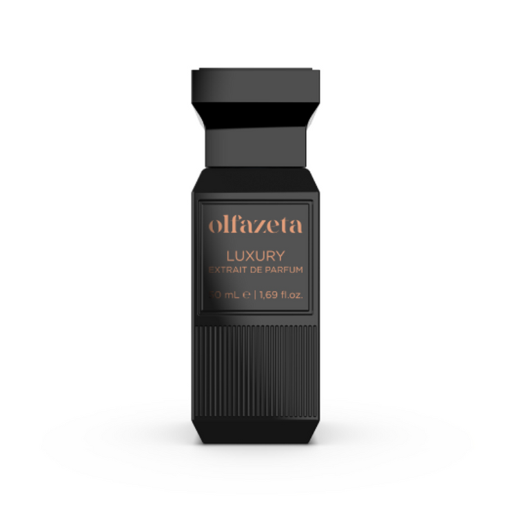 Schwarzer Parfumflakon Olfazeta Luxury Line – Extrait de Parfum, 50 ml, mit roségoldenem Etikett auf weißem Hintergrund