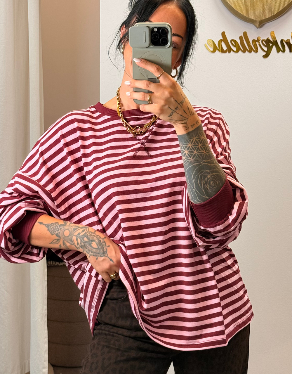 sweatshirt gestreift | rosa/burgund