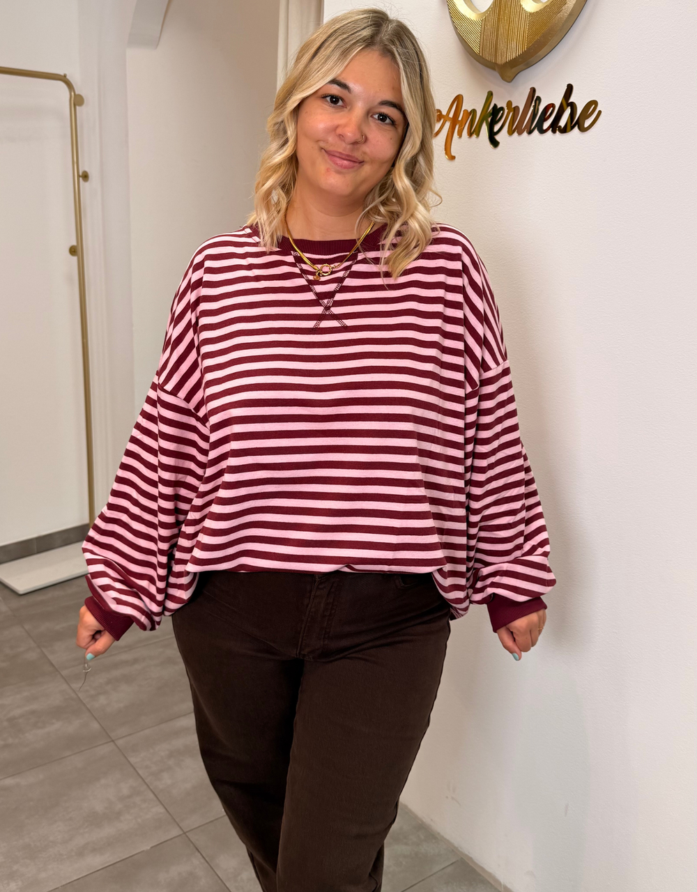 sweatshirt gestreift | rosa/burgund