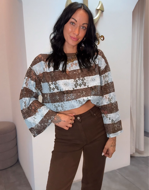gestreiftes spitzen-shirt langarm | oversized | choco/blau