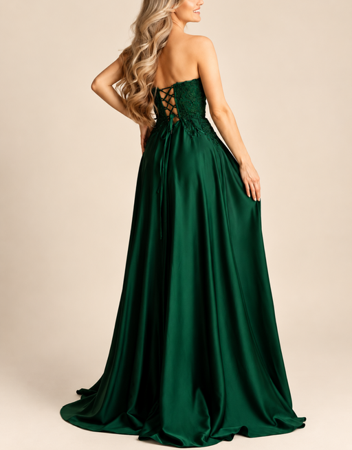 satin abendkleid mit bestickter corsage & beinschlitz | smaragd