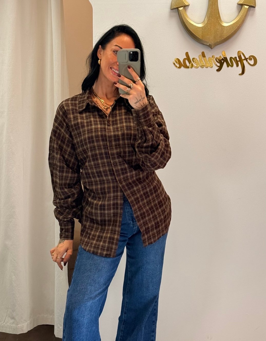 karierte oversized bluse mit Raffungs-Details | schoko