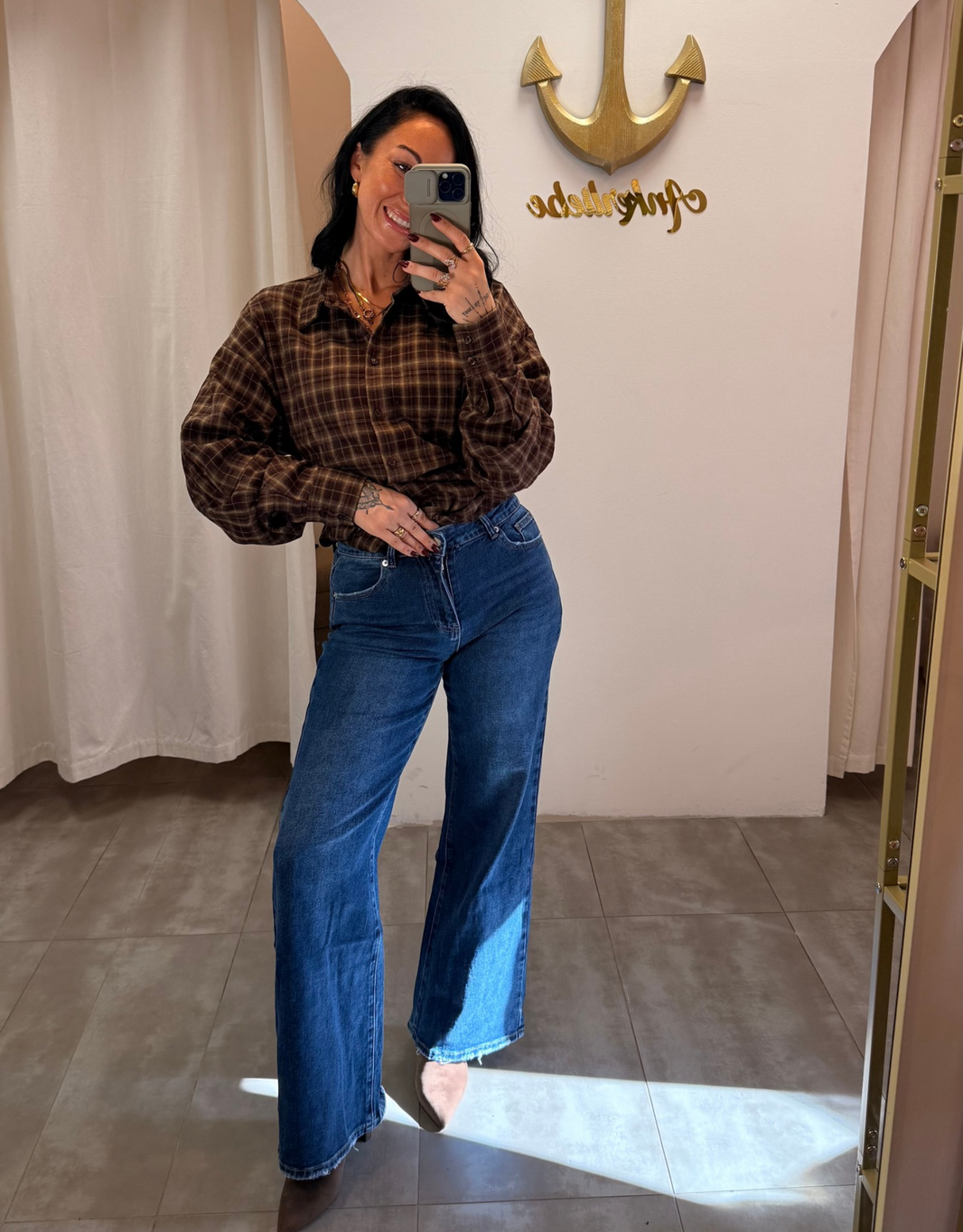 image karierte oversized bluse mit Raffungs-Details | schoko