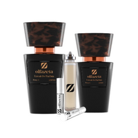 Drei Flakons von Olfazeta Extrait de Parfum in den Größen 15 ml, 30 ml und 70 ml – schwarze Luxusbasis mit marmorierter Kappe und kupfernem Akzent