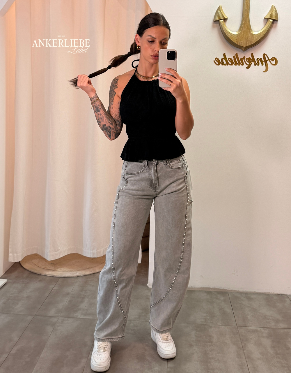 soft denim ballon jean | light grey stud