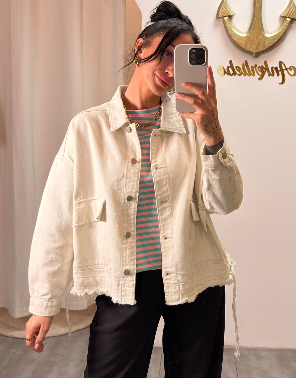 jeansjacke oversized mit kordelzug | creme
