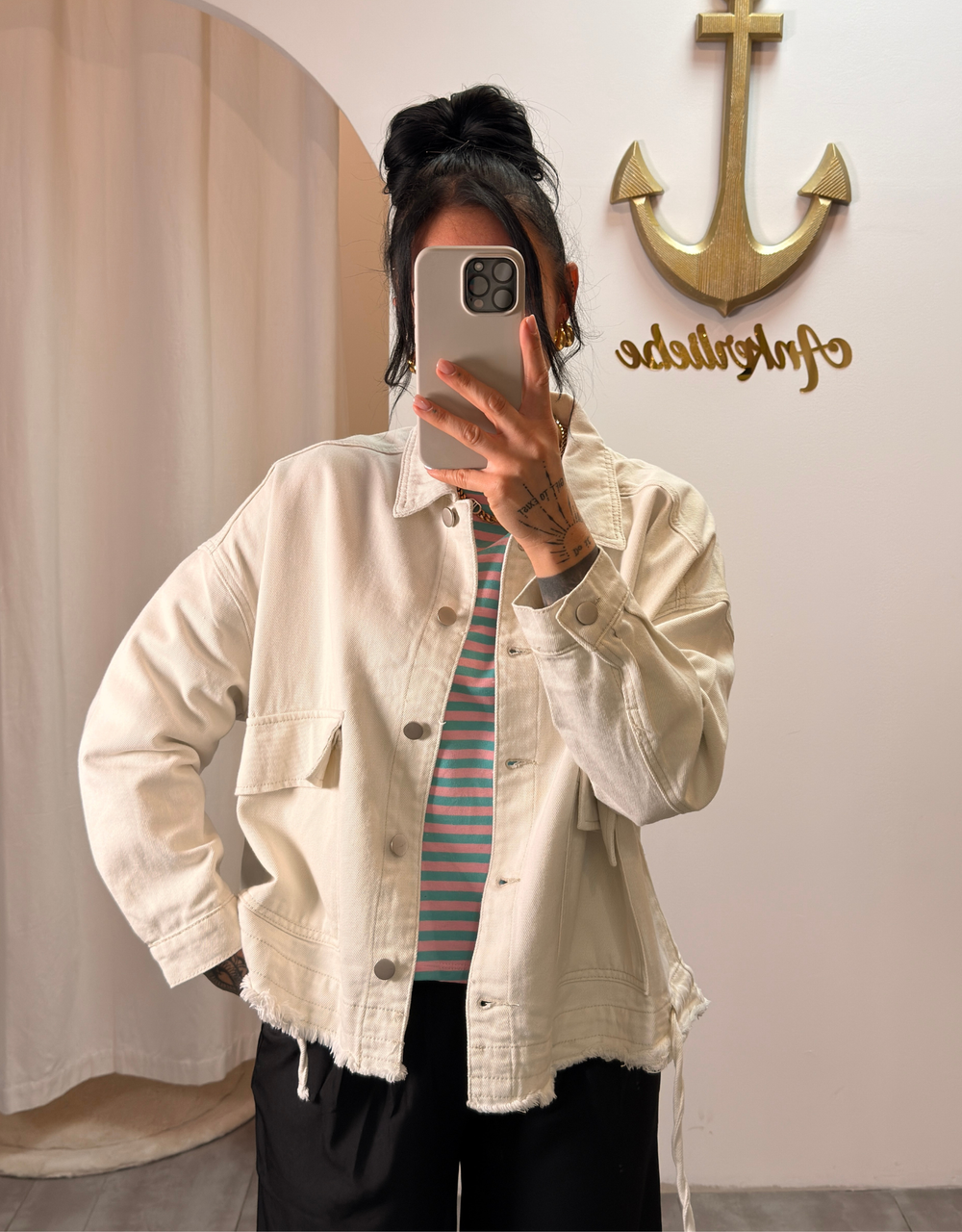 jeansjacke oversized mit kordelzug | creme