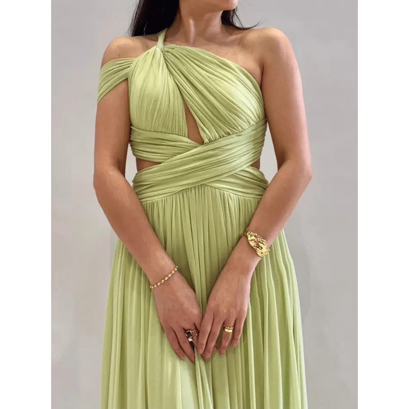 Ankerliebe Livia Kleid in Pastellgrün, Wickel-Oberteil mit Cut-Out, hoher Beinschlitz, flexibel tragbar, abgebildet von vorne, seitlich und hinten