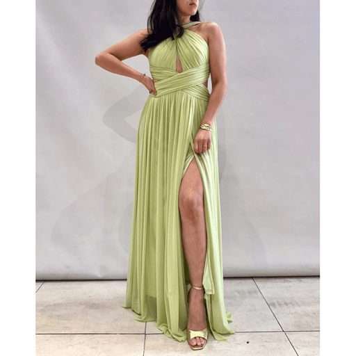 Ankerliebe Livia Kleid in Pastellgrün, Wickel-Oberteil mit Cut-Out, hoher Beinschlitz, flexibel tragbar, abgebildet von vorne, seitlich und hinten