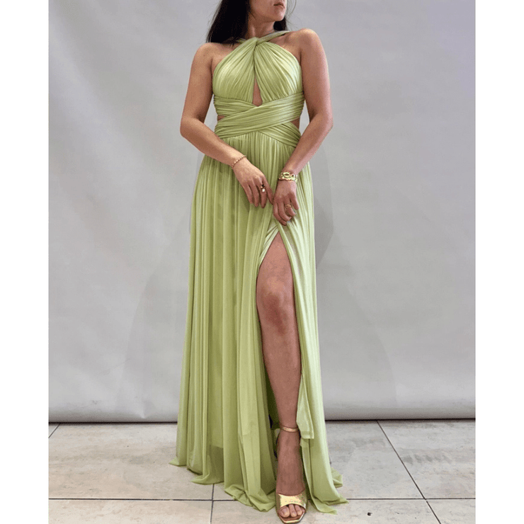 Ankerliebe Livia Kleid in Pastellgrün, Wickel-Oberteil mit Cut-Out, hoher Beinschlitz, flexibel tragbar, abgebildet von vorne, seitlich und hinten