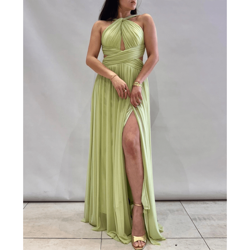 Ankerliebe Livia Kleid in Pastellgrün, Wickel-Oberteil mit Cut-Out, hoher Beinschlitz, flexibel tragbar, abgebildet von vorne, seitlich und hinten