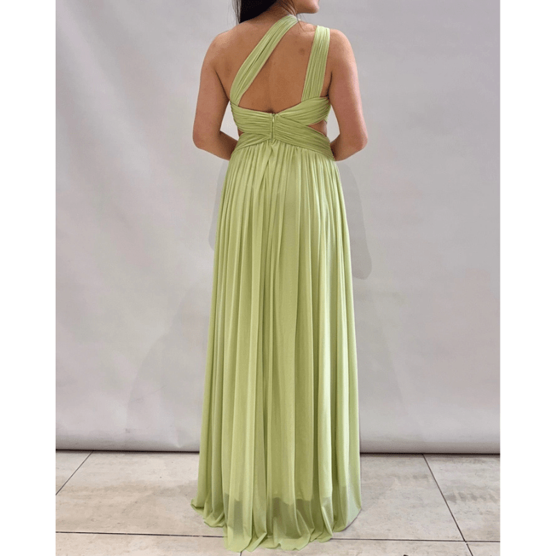 Ankerliebe Livia Kleid in Pastellgrün, Wickel-Oberteil mit Cut-Out, hoher Beinschlitz, flexibel tragbar, abgebildet von vorne, seitlich und hinten