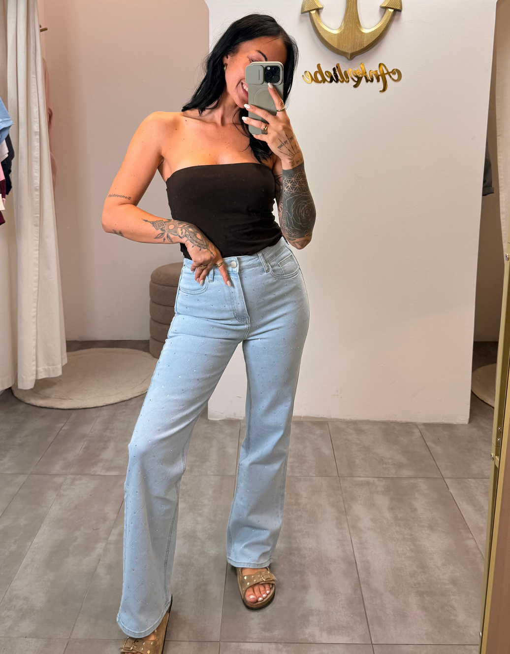 wide leg soft denim helles jean | strass