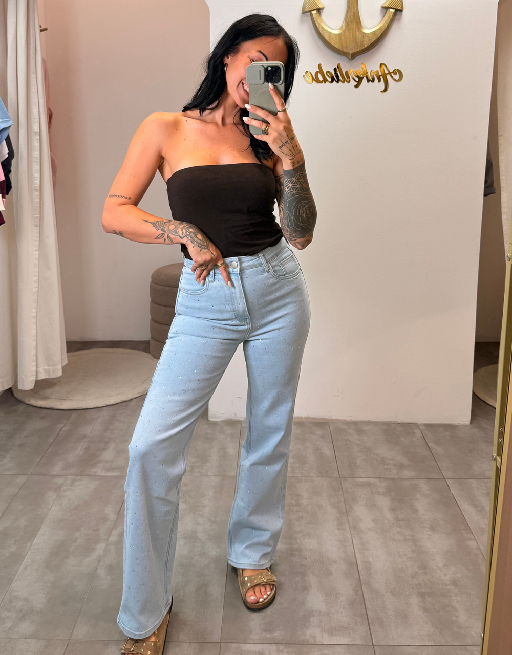 wide leg soft denim helles jean | strass