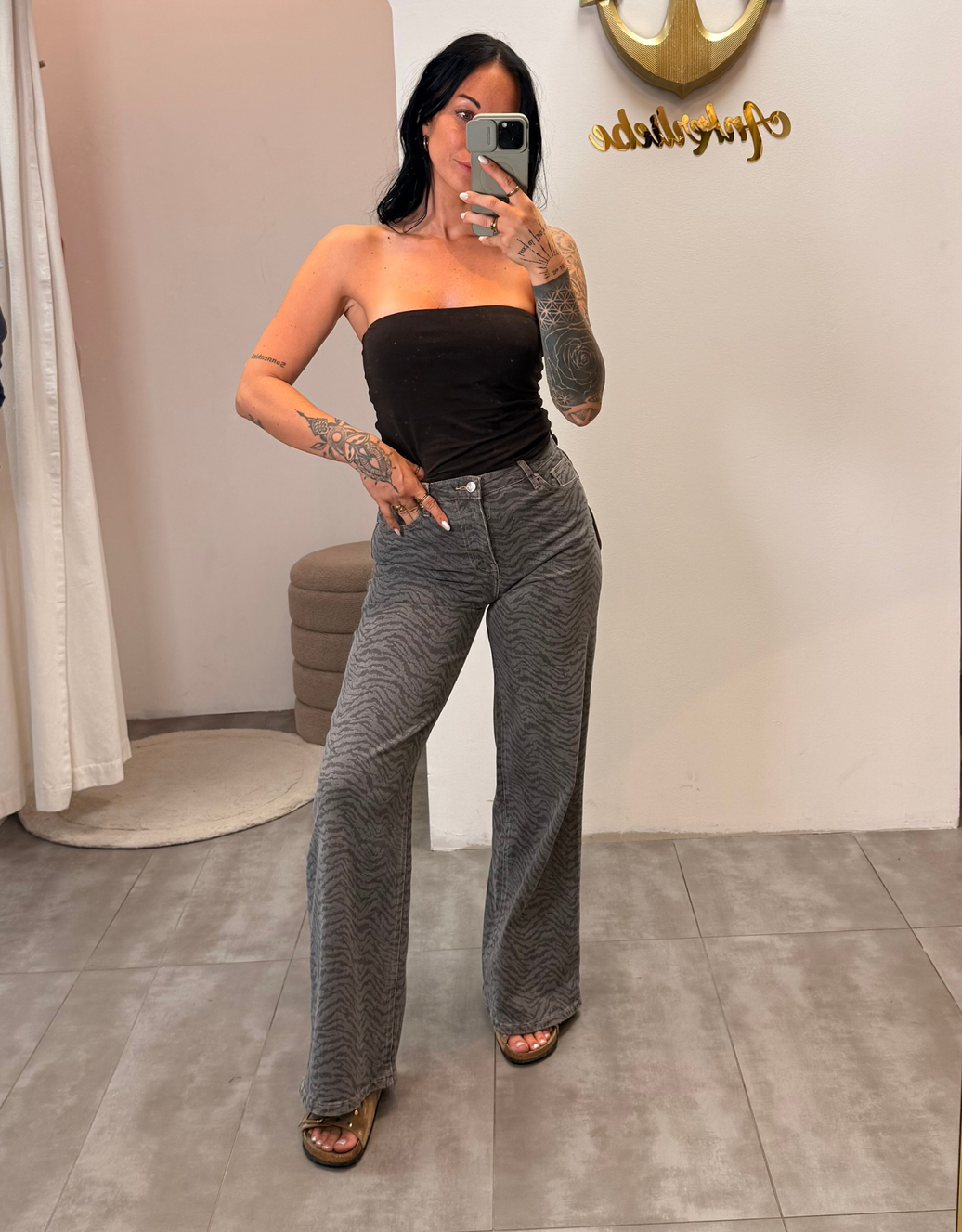 wide leg grey zebra print | soft denim