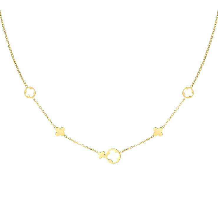 Goldene Edelstahlhalskette mit Blütenelementen auf weißem Hintergrund
