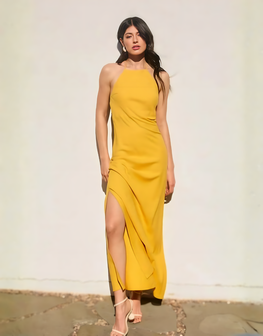 Leinen-Maxikleid mit tiefem Rückenausschnitt und Beinschlitz | Senfgelb