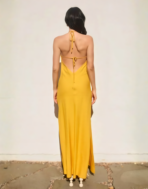 Leinen-Maxikleid mit tiefem Rückenausschnitt und Beinschlitz | Senfgelb