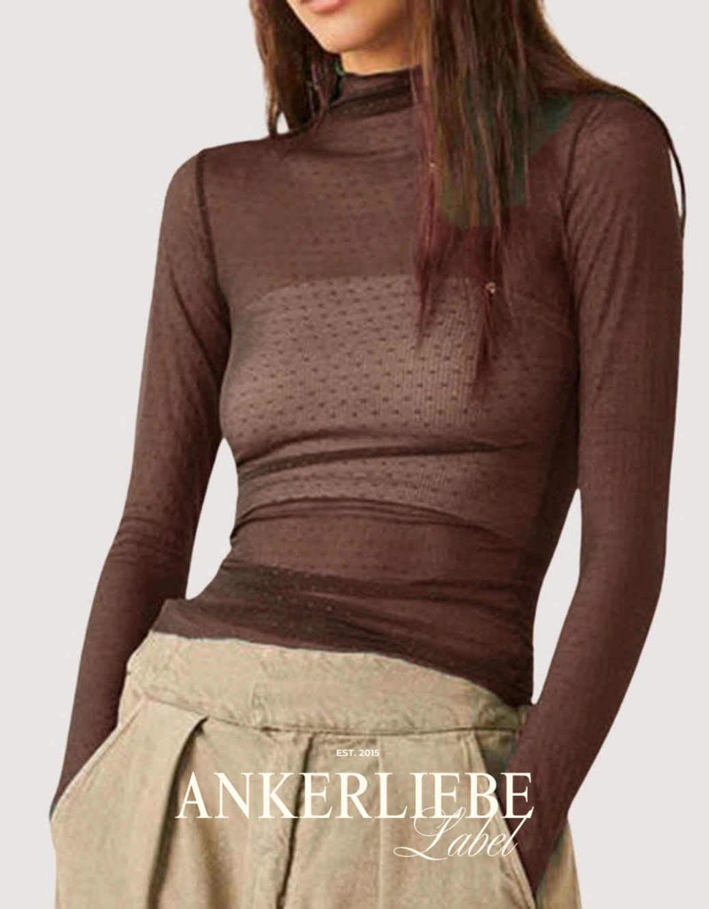 mesh-top langarm mit high neck | braun gepunktet