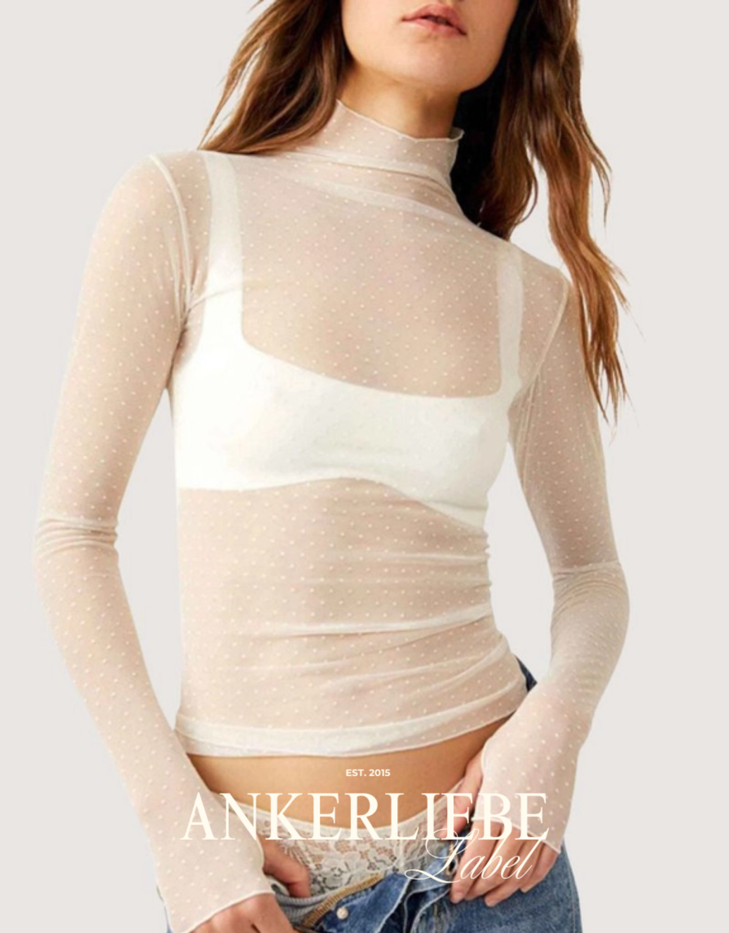 mesh-top langarm mit high neck | creme gepunktet