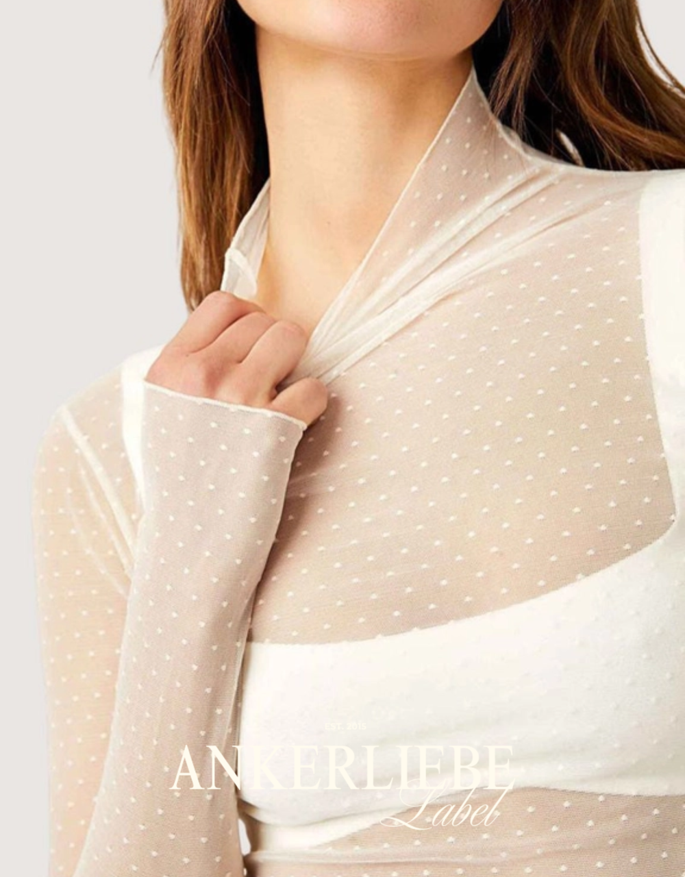 mesh-top langarm mit high neck | creme gepunktet