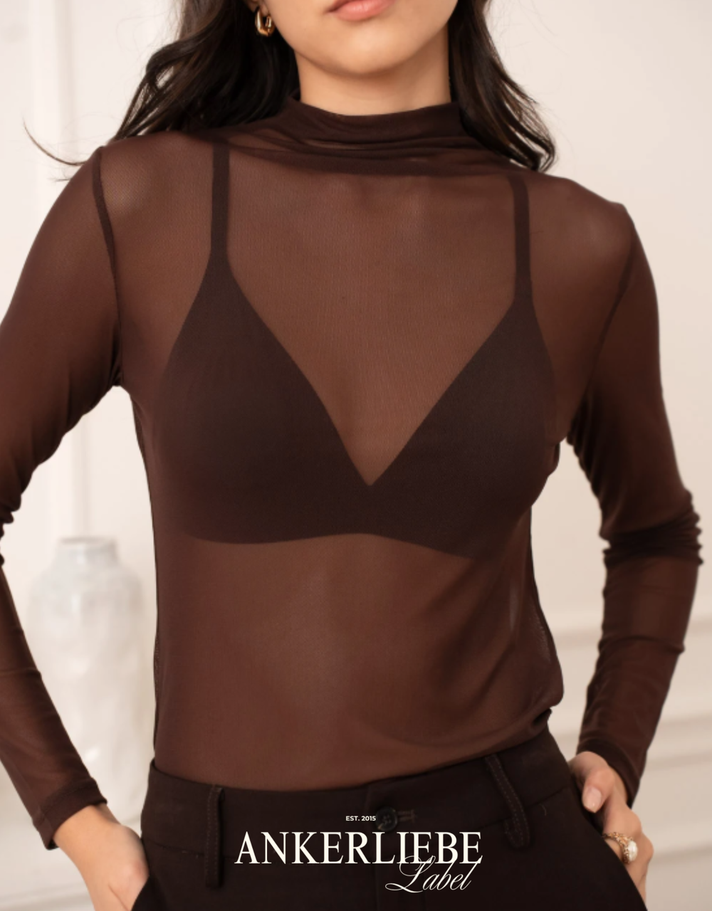 mesh-top langarm mit rollkragen | chocolate