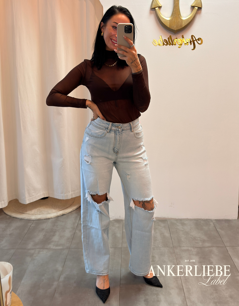 mesh-top langarm mit rollkragen | chocolate