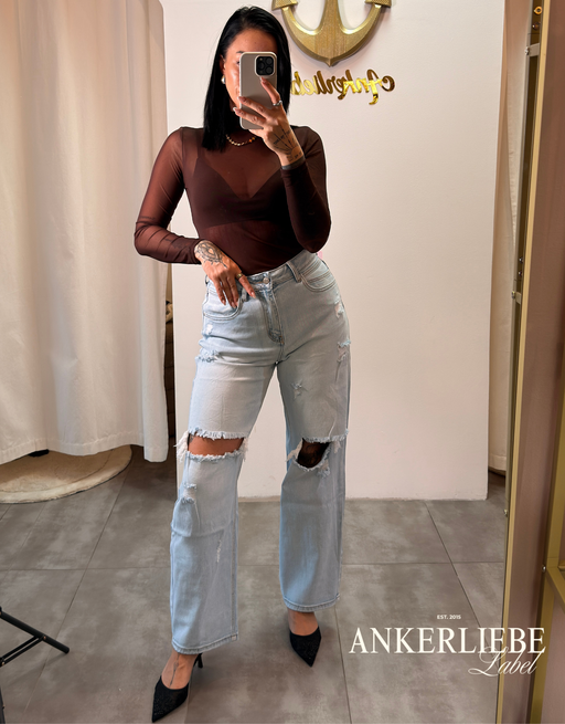 high waist ballon jean | soft denim destroyed light blue