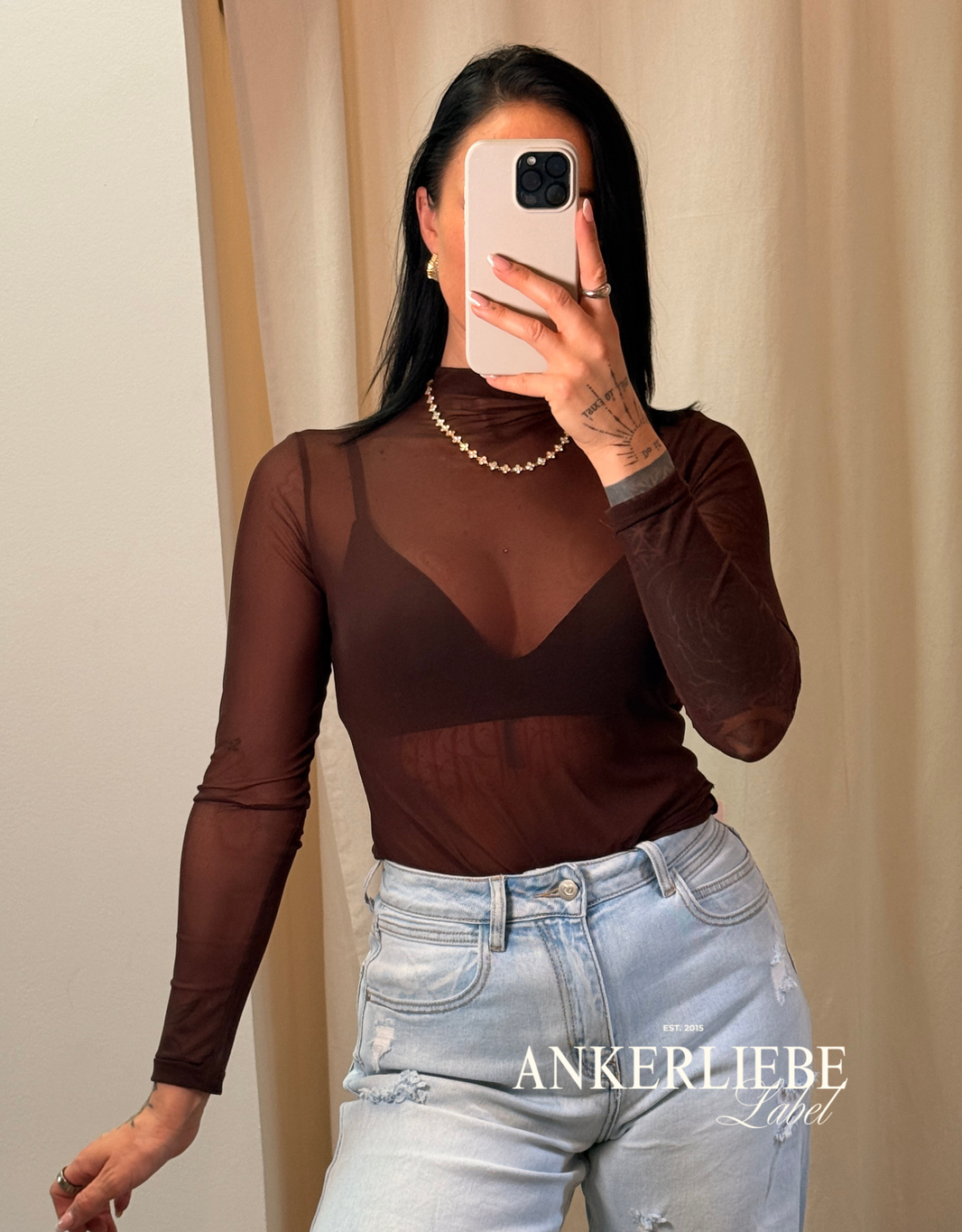 image mesh-top langarm mit rollkragen | chocolate