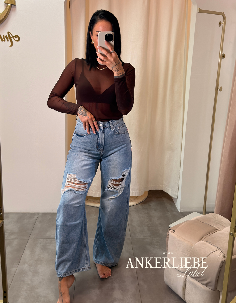 mesh-top langarm mit rollkragen | chocolate