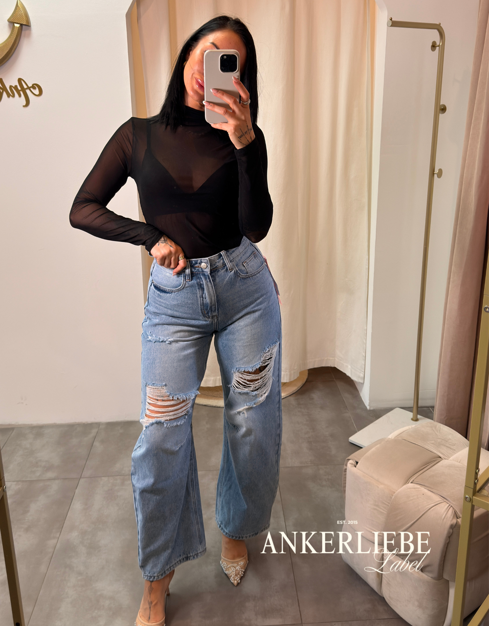 high rise ballon jean | washed blue destroyed