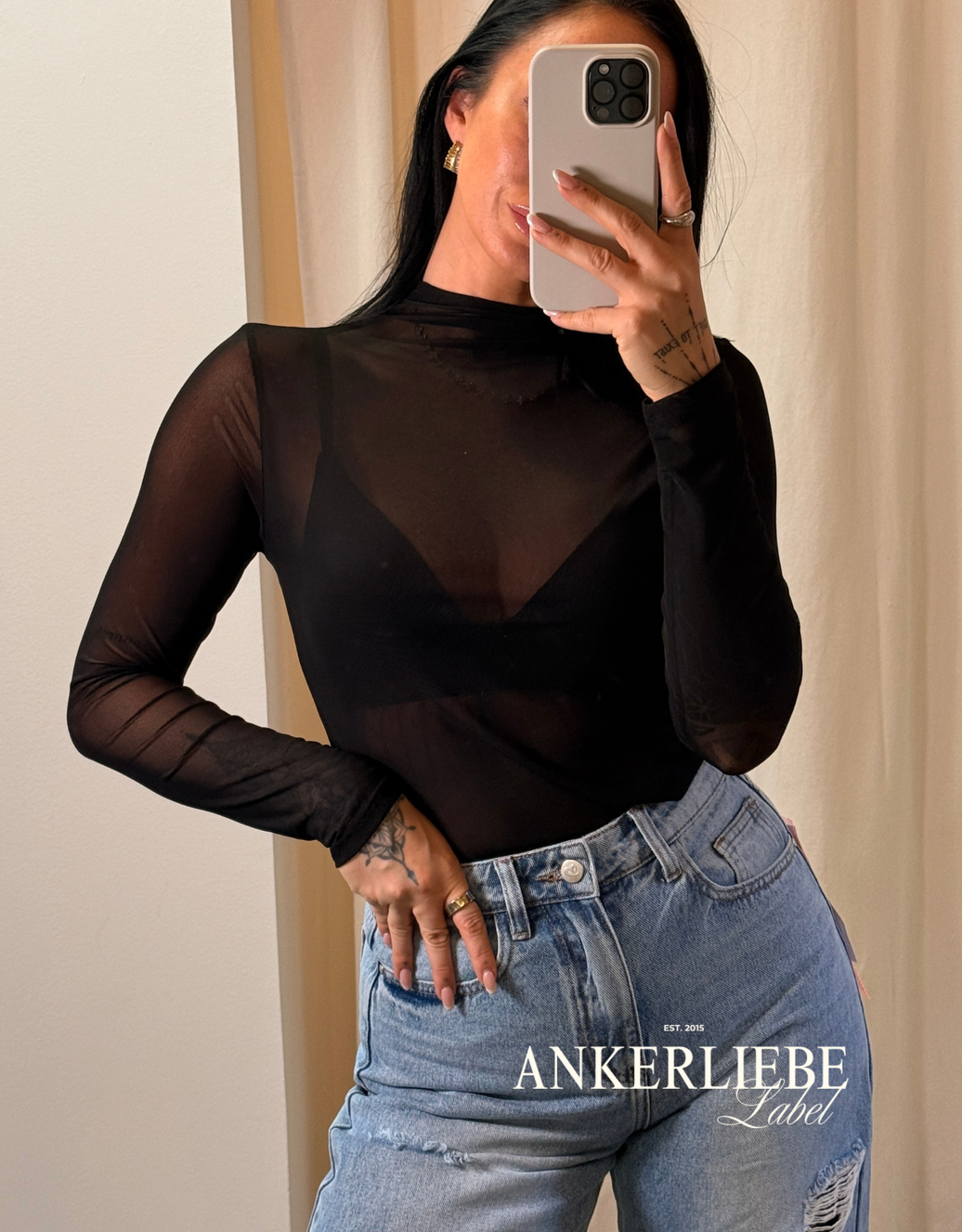 mesh-top langarm mit high neck | schwarz