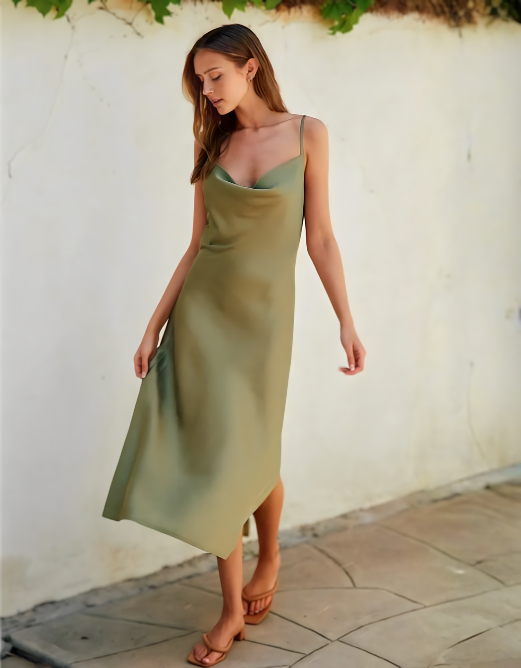 Fließendes Satin-Midikleid mit Wasserfallausschnitt und Beinschlitz | Olivgrün