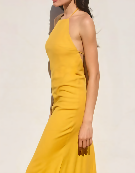 Leinen-Maxikleid mit tiefem Rückenausschnitt und Beinschlitz | Senfgelb
