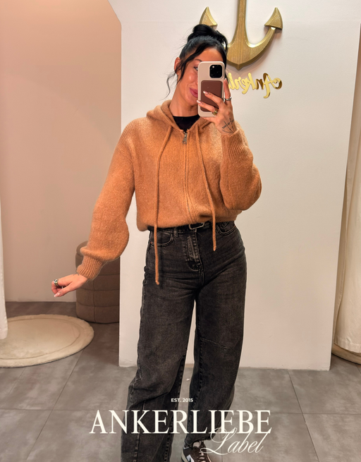 hooded weste mit 30% mohair wolle | wollweste mit zip - camel