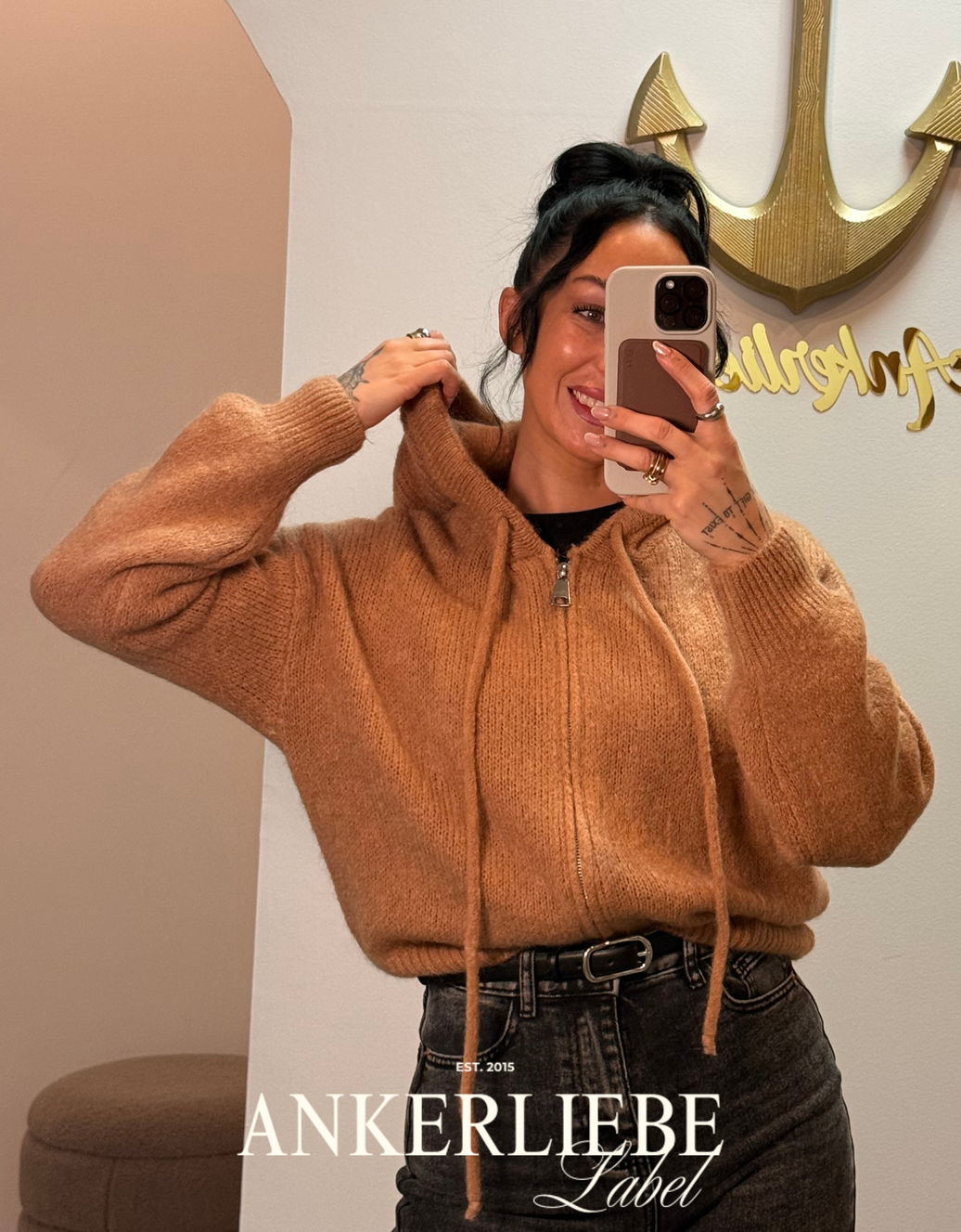 hooded weste mit 30% mohair wolle | wollweste mit zip - camel