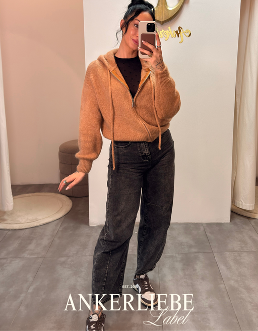 hooded weste mit 30% mohair wolle | wollweste mit zip - camel