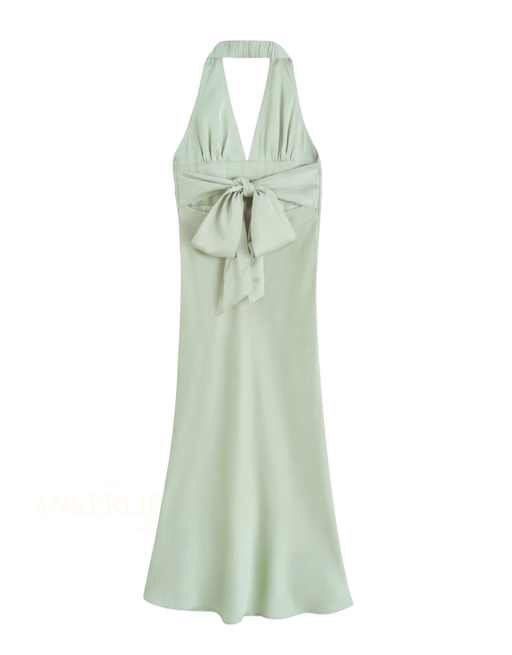 maxi satin kleid neckholder | salbei