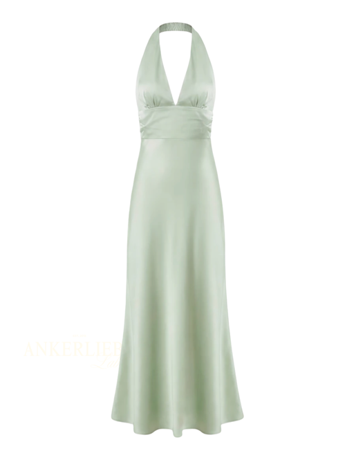 maxi satin kleid neckholder | salbei