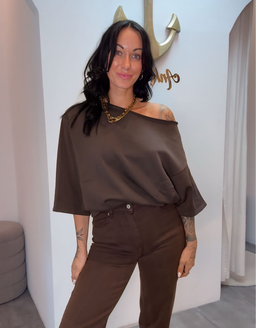 offshoulder cotton sweat-shirt | oversized | choco