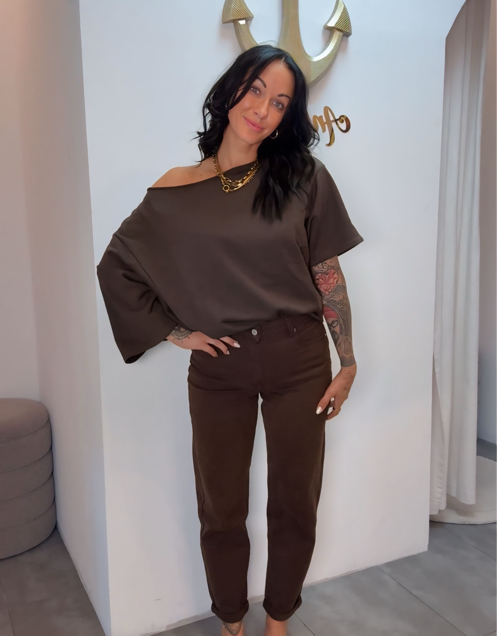 offshoulder cotton sweat-shirt | oversized | choco
