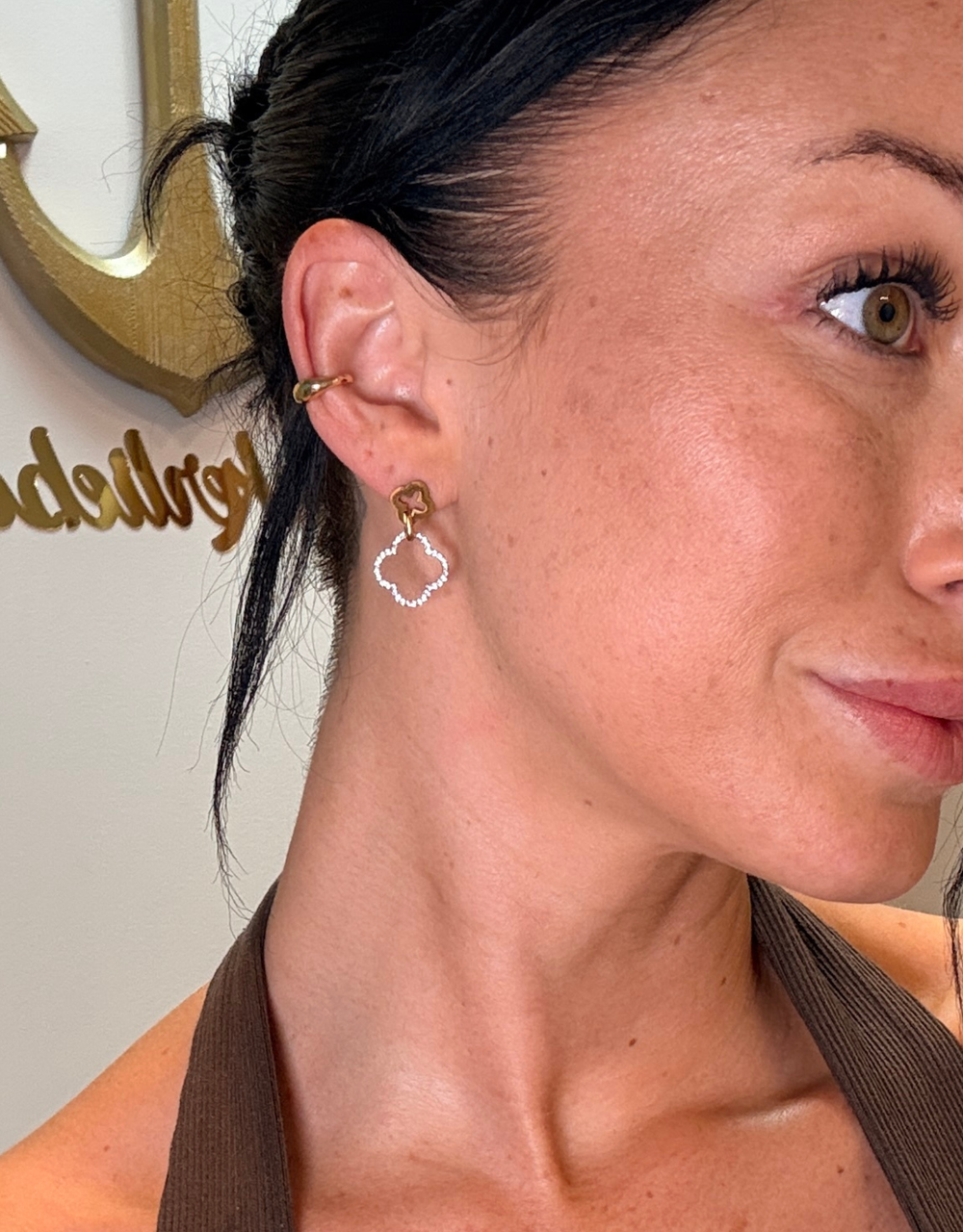 kleeblatt ohrringe mit zirkonia | edelstahl gold