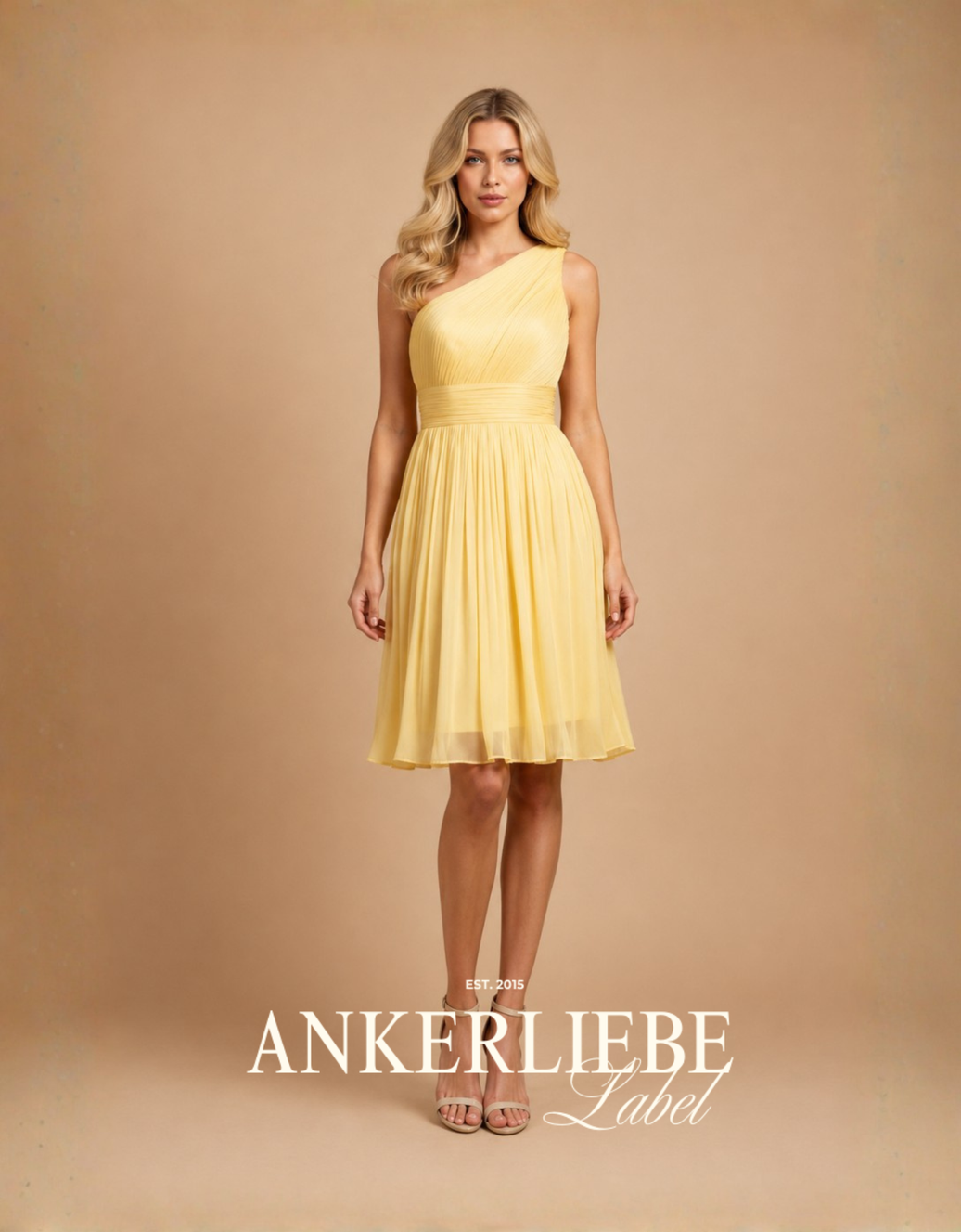 one-shoulder-cocktailkleid aus schimmerndem chiffon mit flexiblem rücken | butteryellow