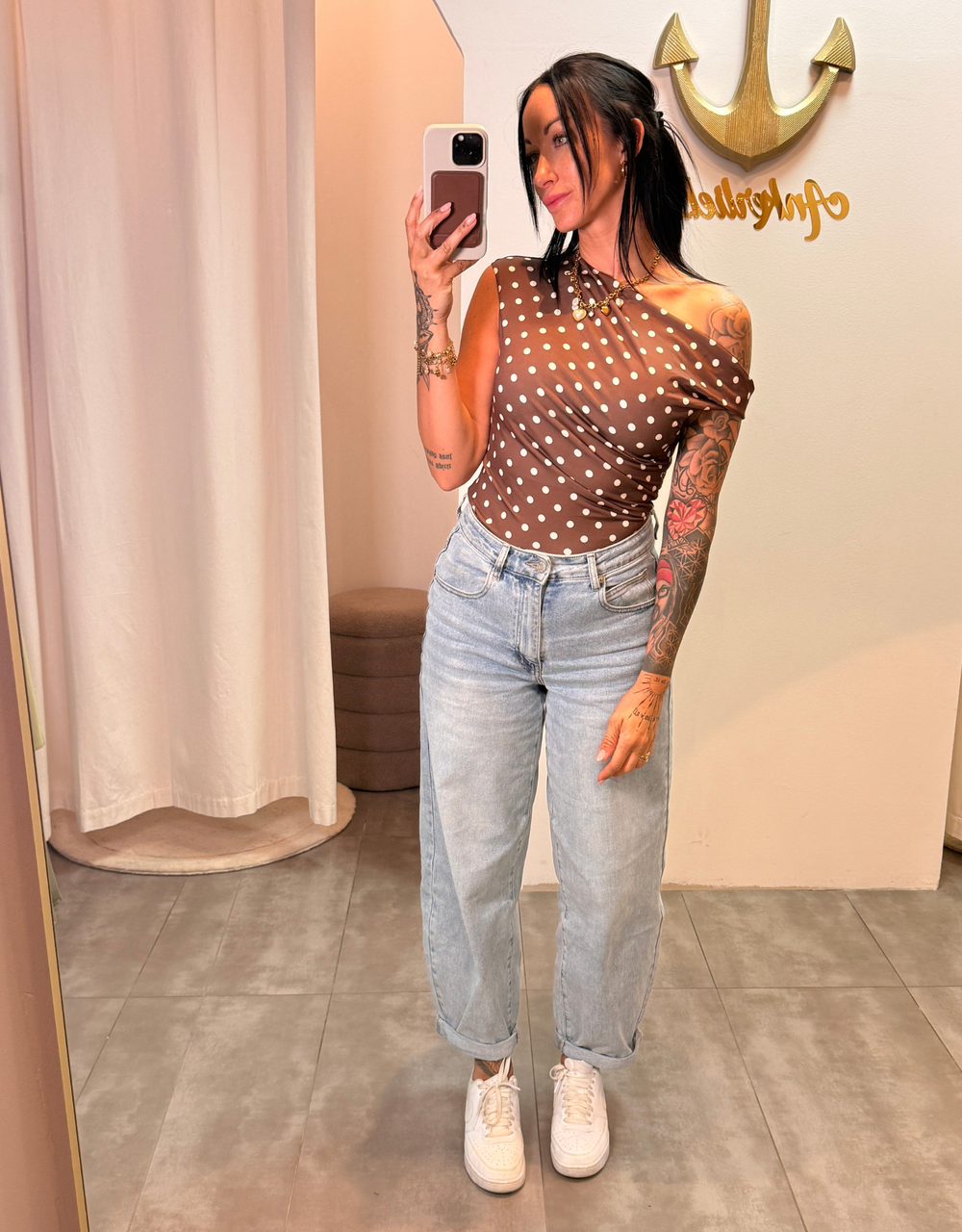 stretchy polka dot asymmetric top | braun