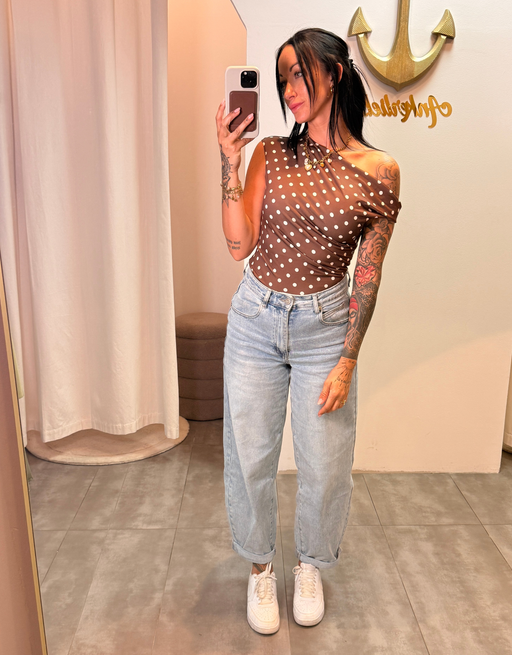 stretchy polka dot asymmetric top | braun